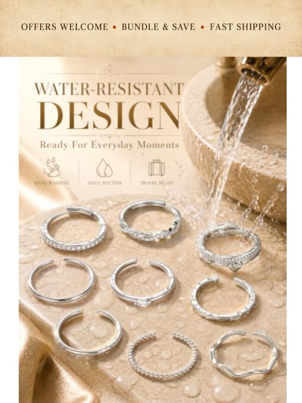 9Pcs Stackable Rings Set 14K Gold Plated Adjustable Waterproof - Picture 3 of 6
